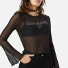 Diamante Leave Me Alone Mesh Flare Sleeve Top